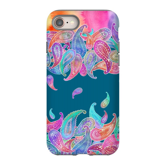 iPhone 8 StrongFit Rainbow Paisley Rain on Blue by Micklyn Le Feuvre