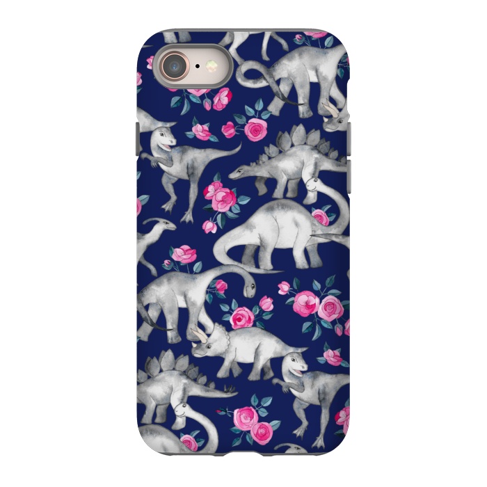 iPhone 8 StrongFit Dinosaurs and Roses on Dark Blue Purple by Micklyn Le Feuvre