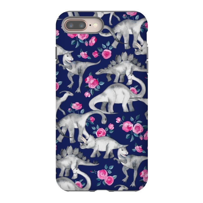 iPhone 8 plus StrongFit Dinosaurs and Roses on Dark Blue Purple by Micklyn Le Feuvre