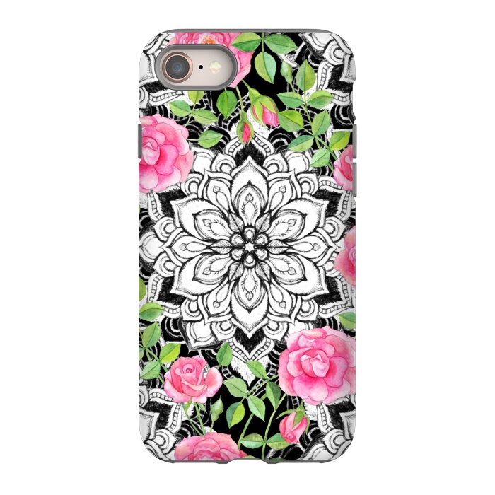 iPhone 8 StrongFit Peach Pink Roses and Mandalas on Black and White Lace by Micklyn Le Feuvre