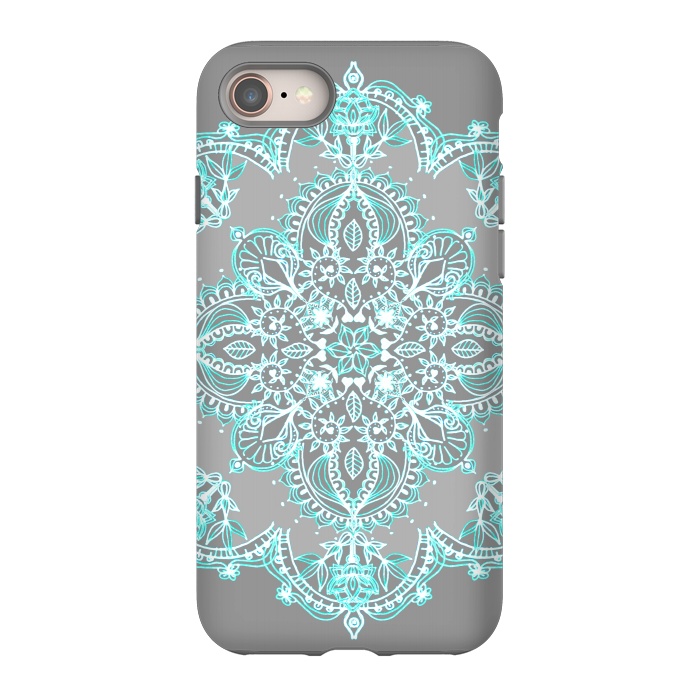 iPhone 8 StrongFit Teal and Aqua Lace Mandala on Grey  by Micklyn Le Feuvre