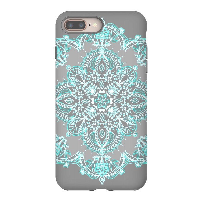 iPhone 8 plus StrongFit Teal and Aqua Lace Mandala on Grey  by Micklyn Le Feuvre