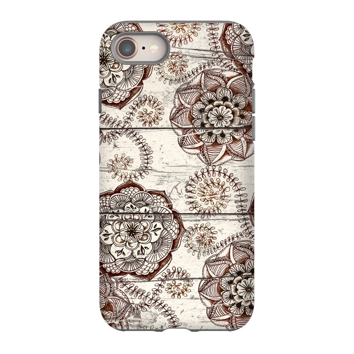 iPhone 8 StrongFit Coffee & Cocoa - brown & cream floral doodles on wood by Micklyn Le Feuvre