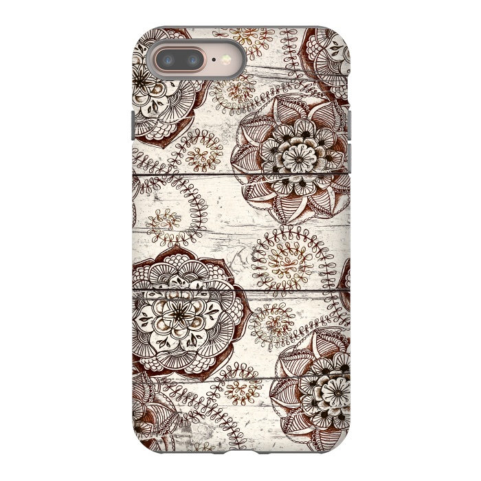iPhone 8 plus StrongFit Coffee & Cocoa - brown & cream floral doodles on wood by Micklyn Le Feuvre