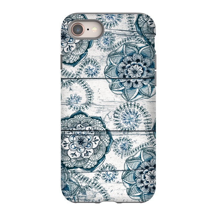 iPhone 8 StrongFit Navy Blue Floral Doodles on Wood by Micklyn Le Feuvre