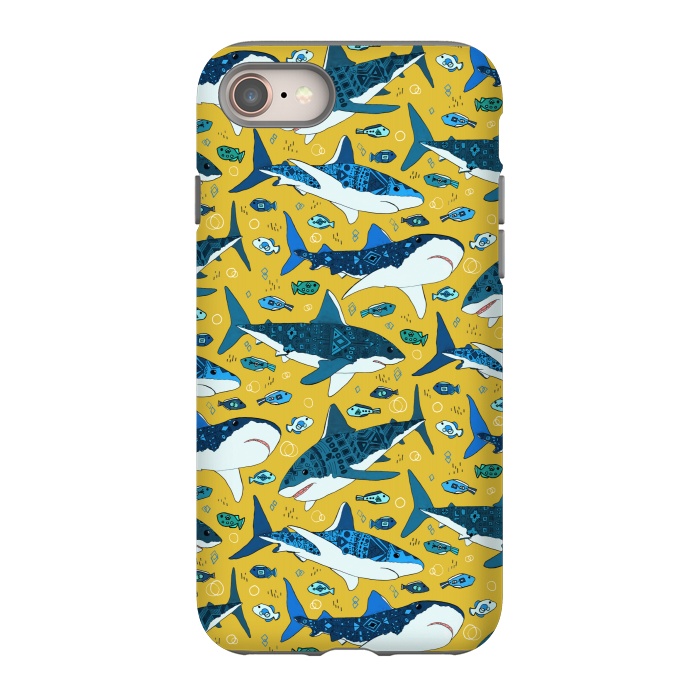 iPhone 8 StrongFit Tribal Sharks & Fish On Mustard by Tigatiga