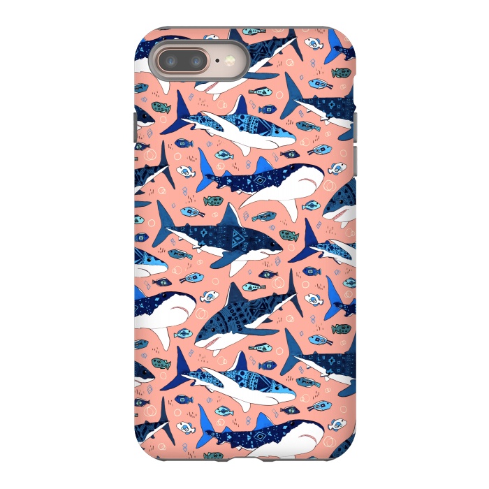 iPhone 8 plus StrongFit Tribal Sharks & Fish On Pink by Tigatiga