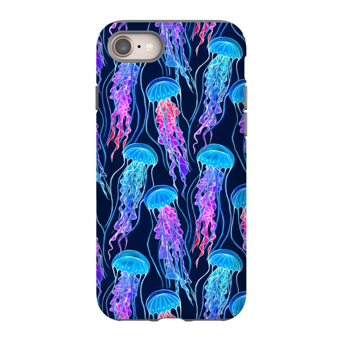 iPhone 8 StrongFit Luminescent Rainbow Jellyfish on Navy Blue by Micklyn Le Feuvre