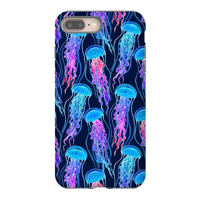 iPhone 8 plus StrongFit Luminescent Rainbow Jellyfish on Navy Blue by Micklyn Le Feuvre