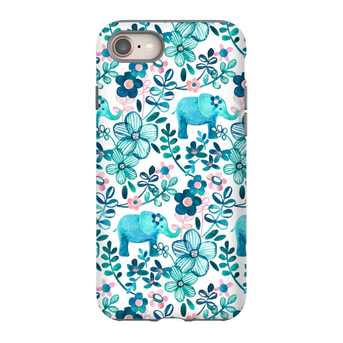 iPhone 8 StrongFit Little Teal Elephant Watercolor Floral on White by Micklyn Le Feuvre