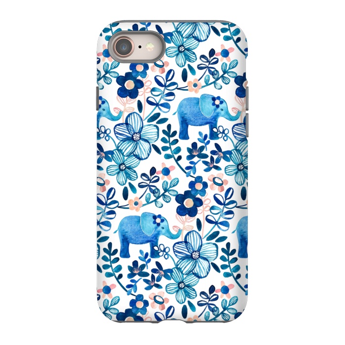 iPhone 8 StrongFit Little Blue Elephant Watercolor Floral on White by Micklyn Le Feuvre