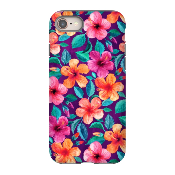 iPhone 8 StrongFit Little Bright Hibiscus Blooms in Watercolor on Purple by Micklyn Le Feuvre