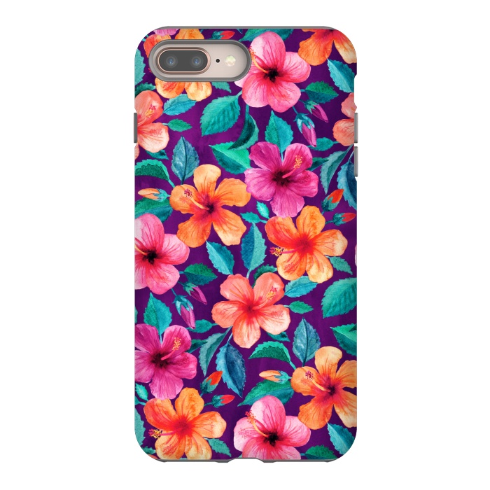 iPhone 8 plus StrongFit Little Bright Hibiscus Blooms in Watercolor on Purple by Micklyn Le Feuvre