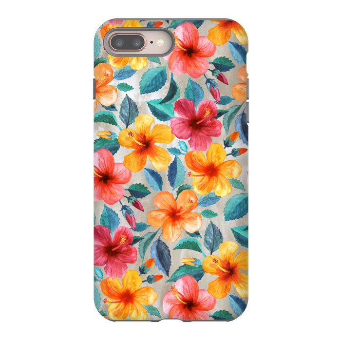 iPhone 8 plus StrongFit Little Tropical Hawaiian Hibiscus Blooms in Watercolor by Micklyn Le Feuvre