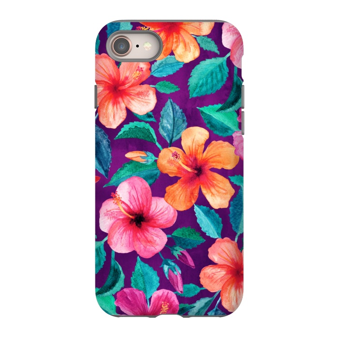 iPhone 8 StrongFit Bright Hibiscus Blooms in Watercolor on Purple by Micklyn Le Feuvre