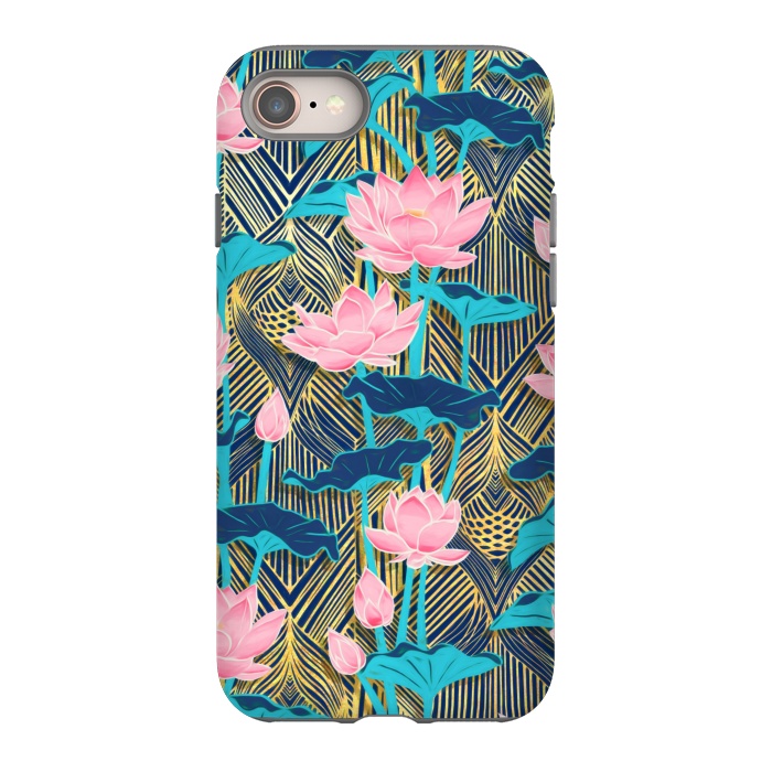 iPhone 8 StrongFit Art Deco Lotus Flowers in Pink & Navy by Micklyn Le Feuvre