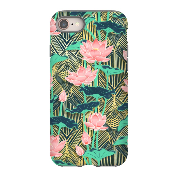 iPhone 8 StrongFit Art Deco Lotus Flowers in Peach & Emerald by Micklyn Le Feuvre