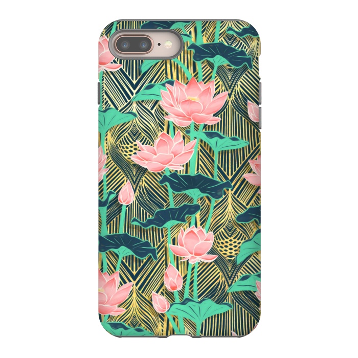 iPhone 8 plus StrongFit Art Deco Lotus Flowers in Peach & Emerald by Micklyn Le Feuvre