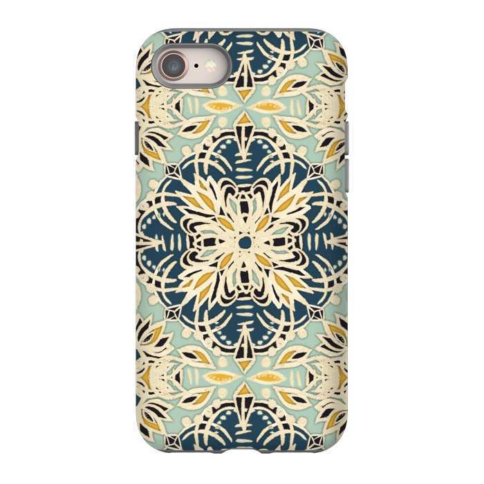 iPhone 8 StrongFit Protea Pattern in Deep Teal, Cream, Sage Green & Yellow Ocher by Micklyn Le Feuvre