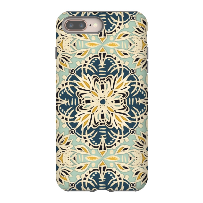 iPhone 8 plus StrongFit Protea Pattern in Deep Teal, Cream, Sage Green & Yellow Ocher by Micklyn Le Feuvre