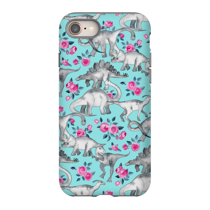 iPhone 8 StrongFit Dinosaurs and Roses on Turquoise by Micklyn Le Feuvre