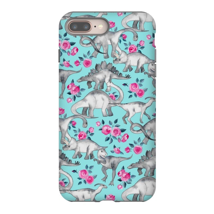 iPhone 8 plus StrongFit Dinosaurs and Roses on Turquoise by Micklyn Le Feuvre