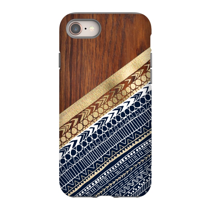 iPhone 8 StrongFit Navy & Gold Tribal on Wood by Tangerine-Tane