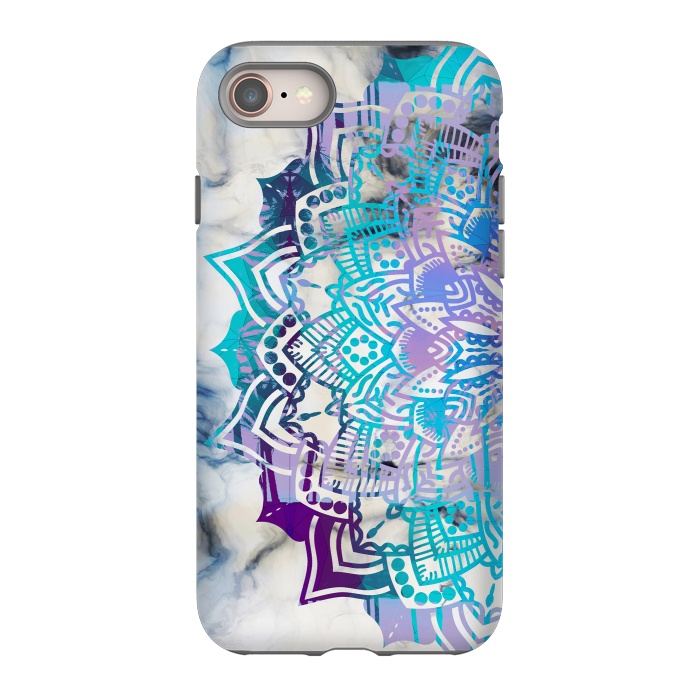 iPhone 8 StrongFit Blue purple mandala on white marble texture by Oana 