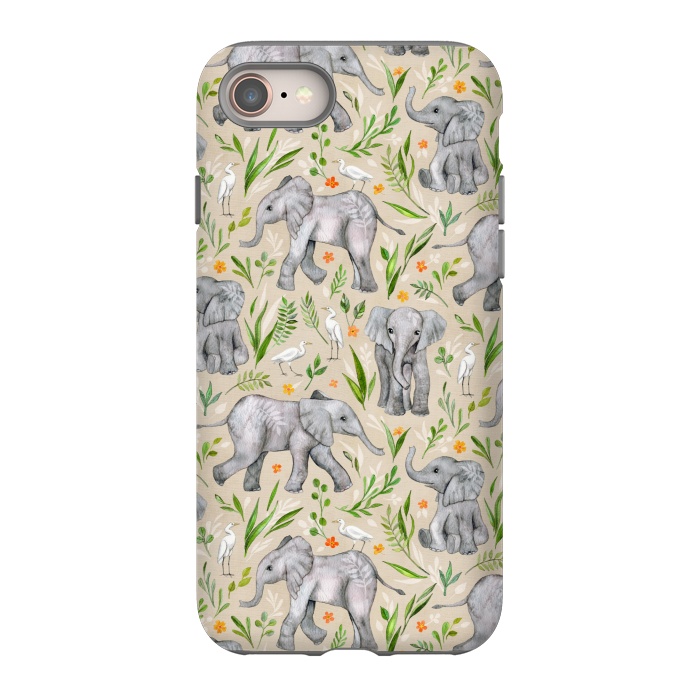 iPhone 8 StrongFit Little Watercolor Elephants and Egrets on Neutral Cream by Micklyn Le Feuvre