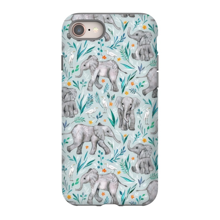 iPhone 8 StrongFit Little Watercolor Elephants and Egrets on Light Blue by Micklyn Le Feuvre