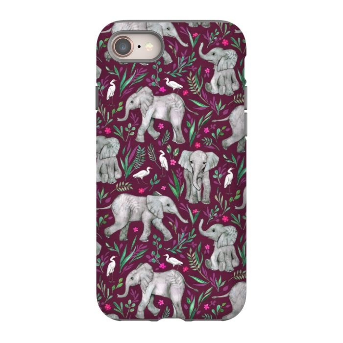 iPhone 8 StrongFit Little Watercolor Elephants and Egrets on Burgundy Red by Micklyn Le Feuvre