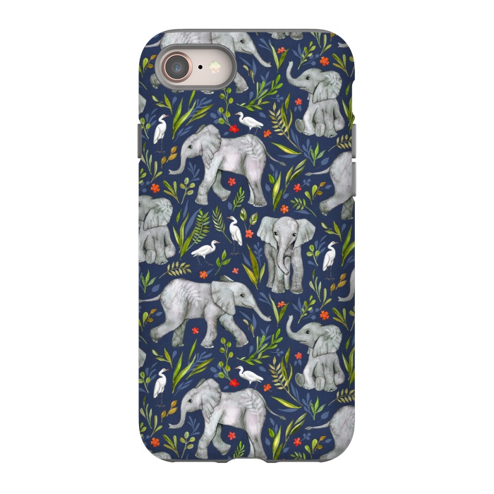 iPhone 8 StrongFit Little Watercolor Elephants and Egrets on Navy Blue by Micklyn Le Feuvre