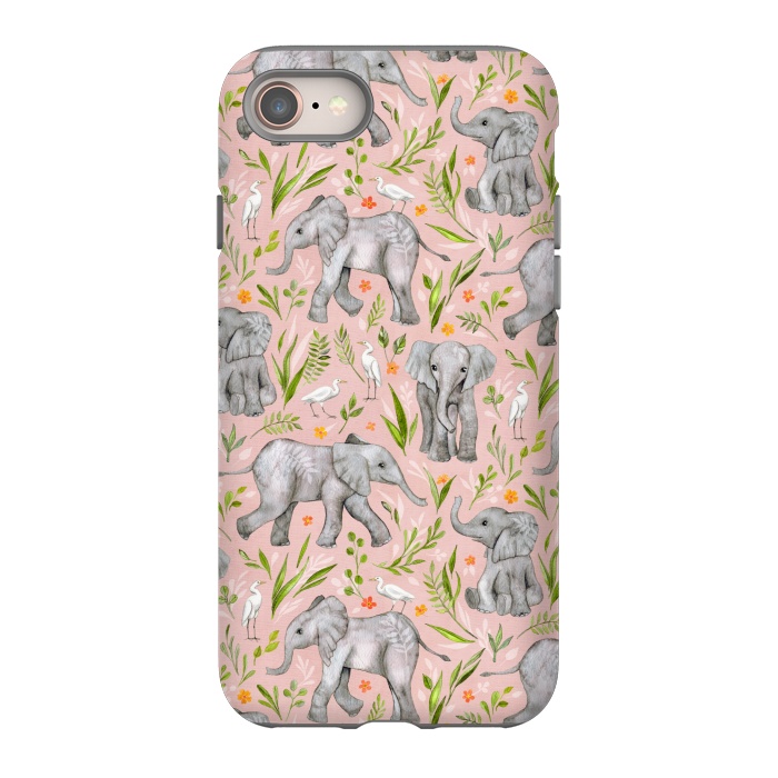 iPhone 8 StrongFit Little Watercolor Elephants and Egrets on Blush Pink  by Micklyn Le Feuvre