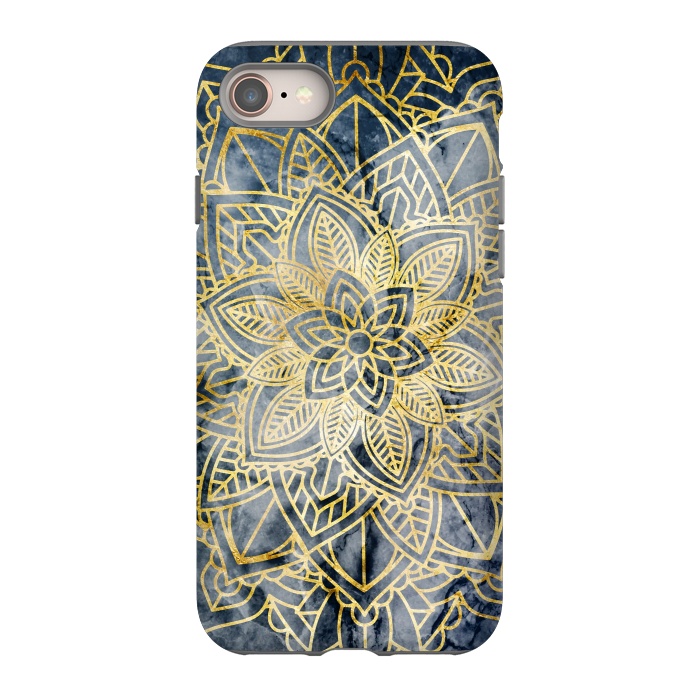 iPhone 8 StrongFit Golden flower mandala on dark blue marble by Oana 