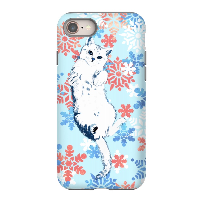 iPhone 8 StrongFit White cat and blue white gold snowflakes by Oana 