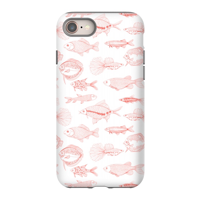 iPhone 8 StrongFit Fishes in living coral color, hand drawn pattern by Katerina Kirilova