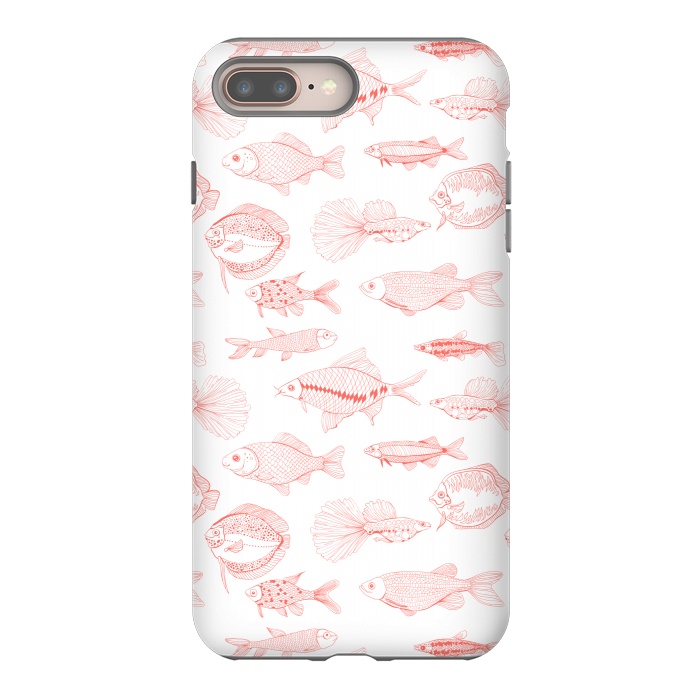 iPhone 8 plus StrongFit Fishes in living coral color, hand drawn pattern by Katerina Kirilova