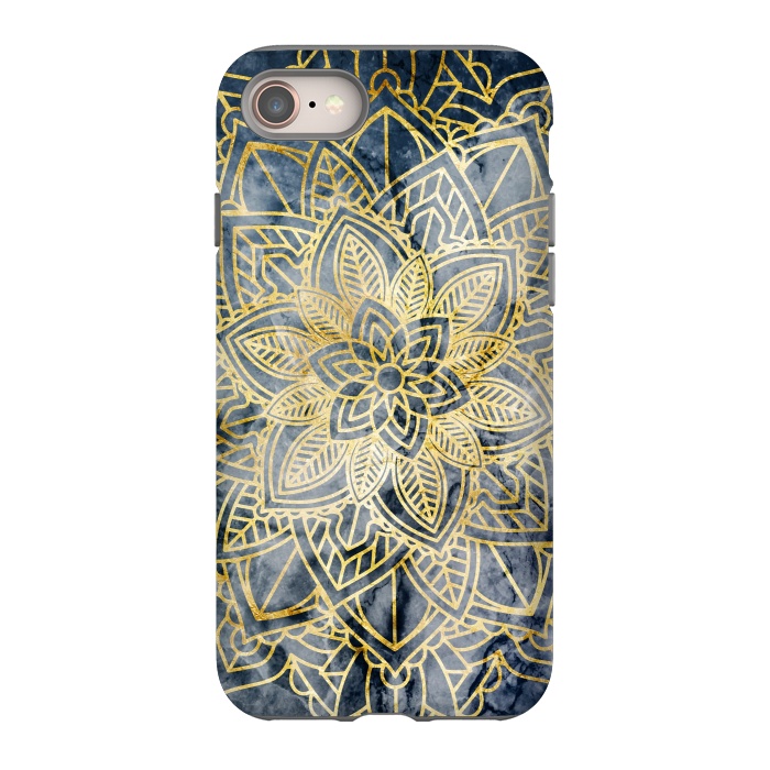 iPhone 8 StrongFit Golden mandala petals on navy marble by Oana 