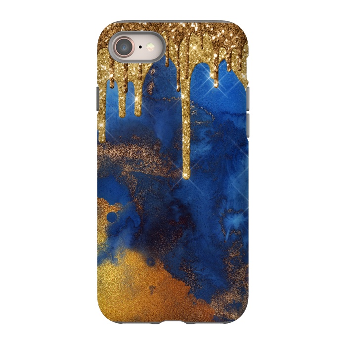 iPhone 8 StrongFit Raining Gold Glitter and Foil on Indigo Marble Ink by  Utart