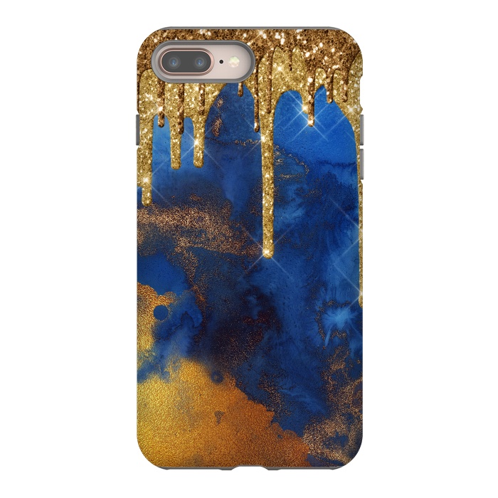 iPhone 8 plus StrongFit Raining Gold Glitter and Foil on Indigo Marble Ink by  Utart