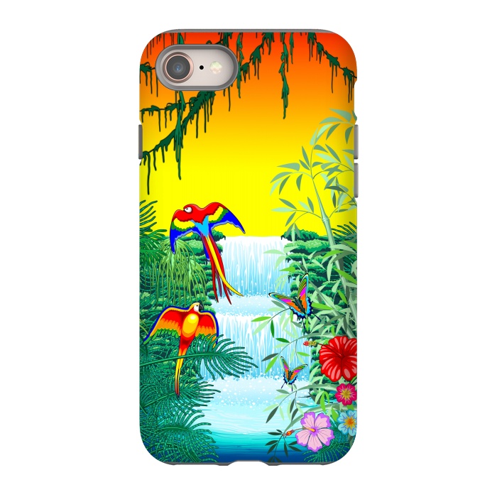 iPhone 8 StrongFit Waterfall Macaws and Butterflies on Exotic Landscape by BluedarkArt