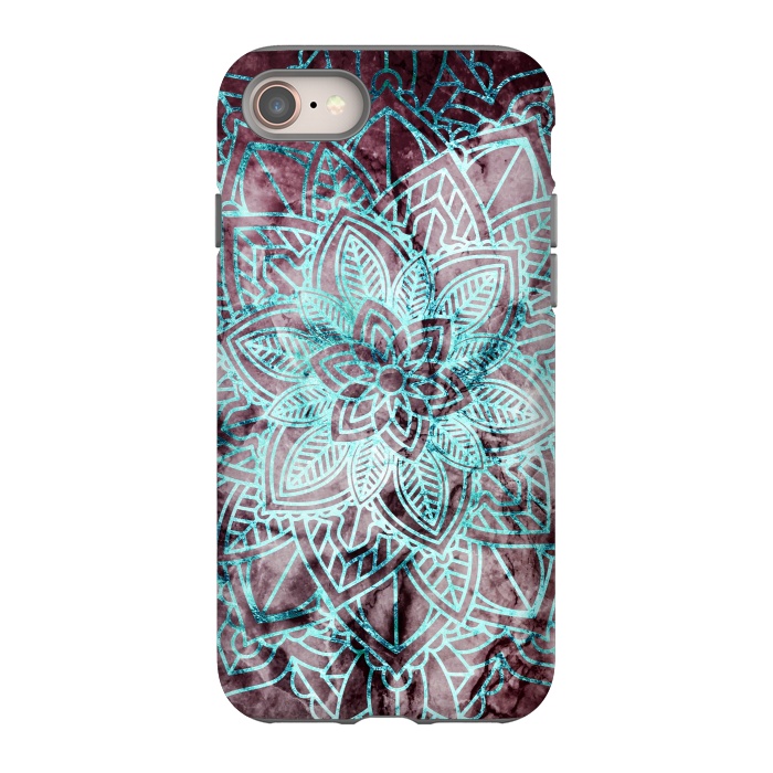 iPhone 8 StrongFit Blue metallic floral mandala on dark cherry red marble by Oana 