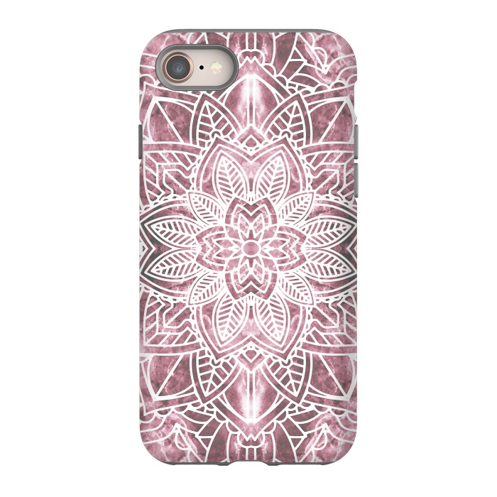 iPhone 8 StrongFit White floral mandala petals on pink marble by Oana 
