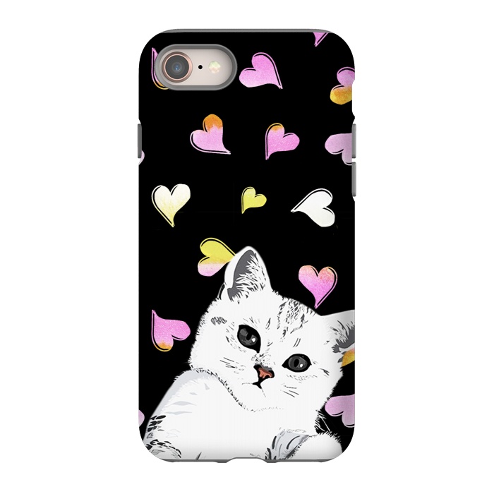 iPhone 8 StrongFit Playful white kitten and watercolor hearts by Oana 