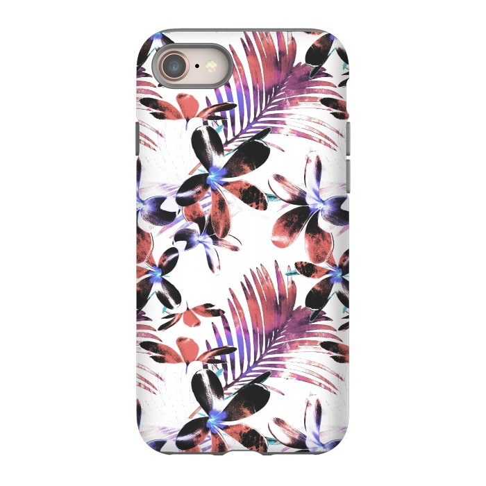 iPhone 8 StrongFit Pink purple tropical hibiscus and palm leaves by Oana 