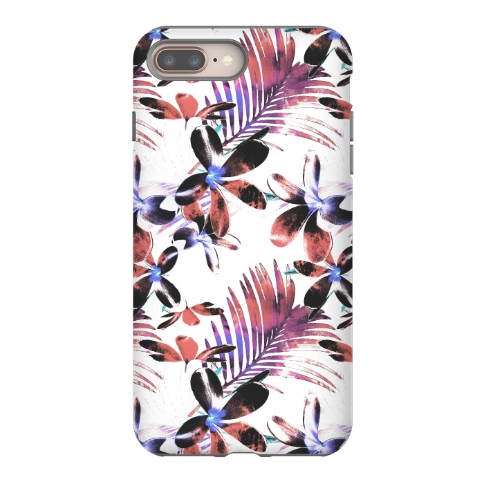 iPhone 8 plus StrongFit Pink purple tropical hibiscus and palm leaves by Oana 