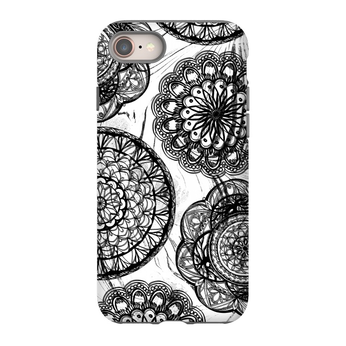 iPhone 8 StrongFit Black line art lace mandalas on white marble by Oana 