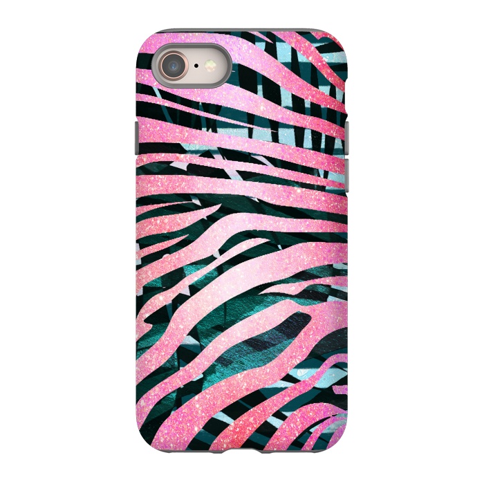 iPhone 8 StrongFit Pink zebra stripes on tropical foliage by Oana 