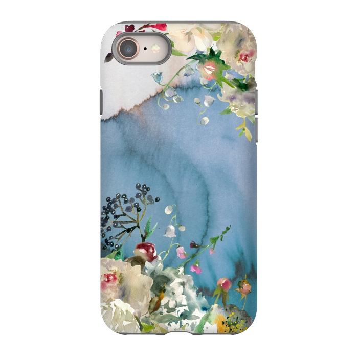 iPhone 8 StrongFit White florals on blue watercolor ink texture by  Utart