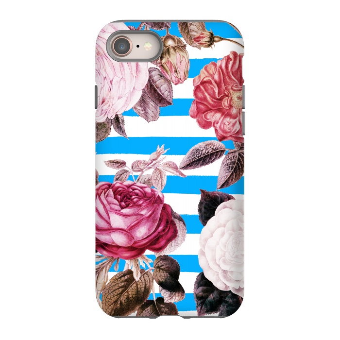 iPhone 8 StrongFit Vintage roses illustration on blue and white stripes by Oana 